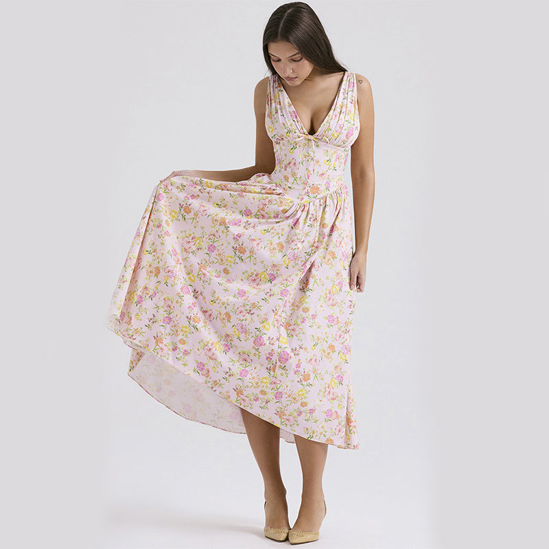 Vestido acampanado con cuello en V, vestidos con vuelo y cintura ajustada con estampado Floral plisado y bolsillos, ropa de verano para mujer