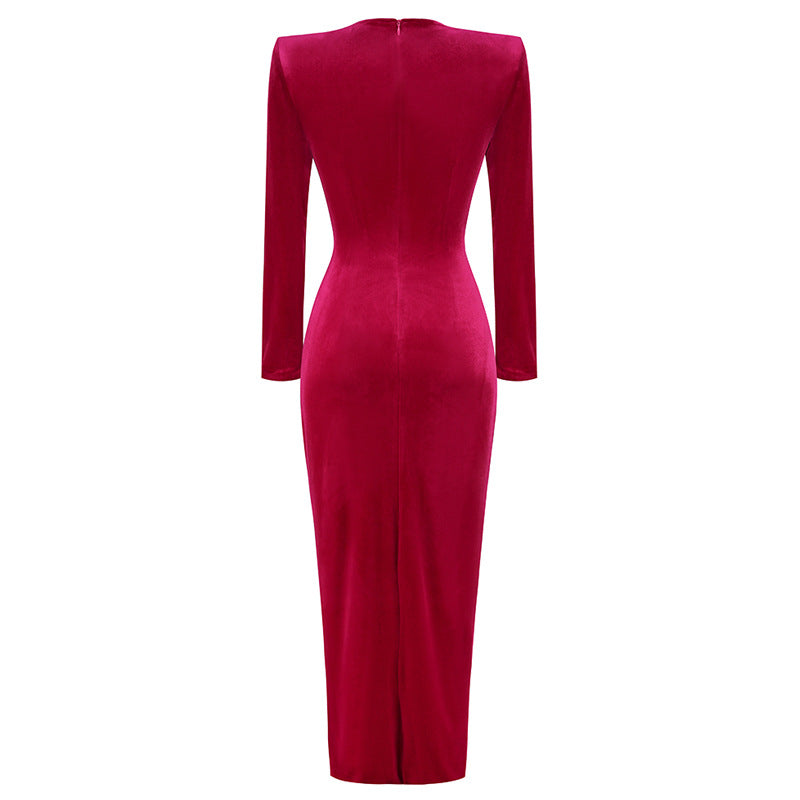 Women's Fashion Round Neck Pleated Zou Velvet Dress Tight Split Dress