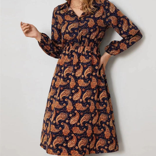 Women's Polyester Casual Long-sleeved Floral Shirt Dress