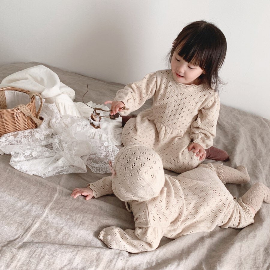 Knitted Hollow Jumpsuit Baby Girl Lace Long-sleeved Romper With Hat