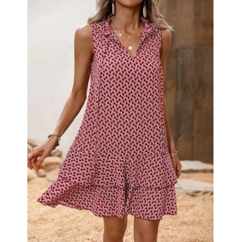 Bohemian Printed V-neck Lace-up Sleeveless Dress Floral Thin Summer