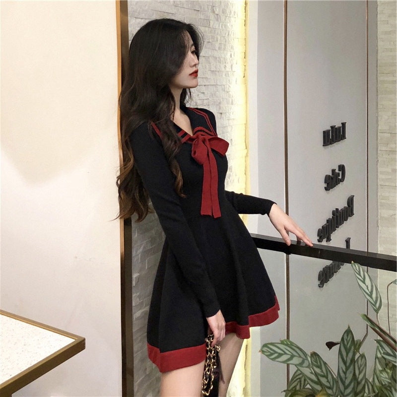 Cute Bow Dress Fashion Long Sleeve Lapel Knitted Dress Women's Classic Style Dress