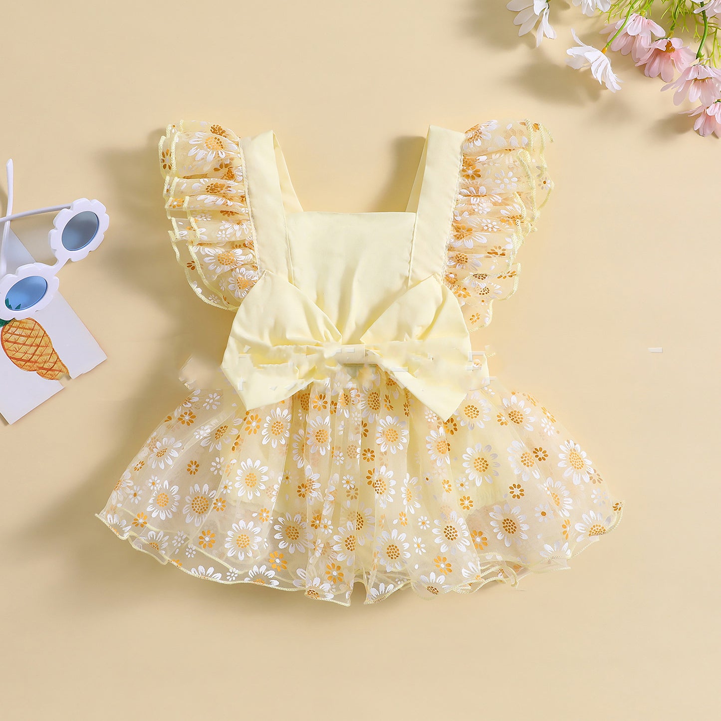 Vestido floral de manga con volantes de malla simple para niña de verano