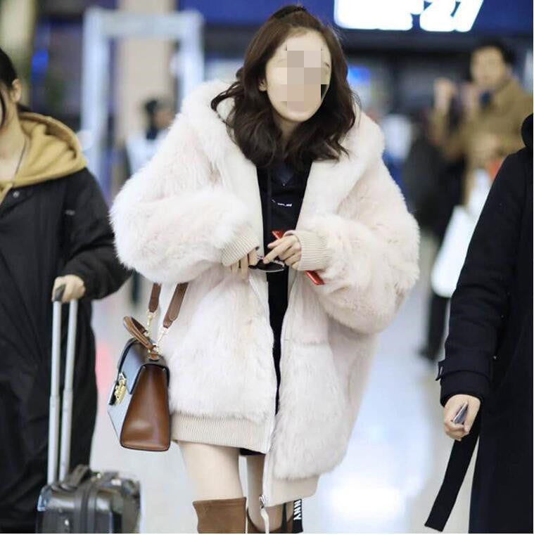 Long hooded fur coat