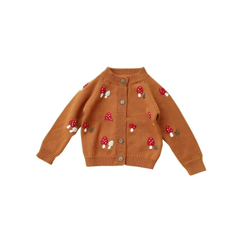 Cardigan tricoté en forme de champignon brodé à la main pour enfants