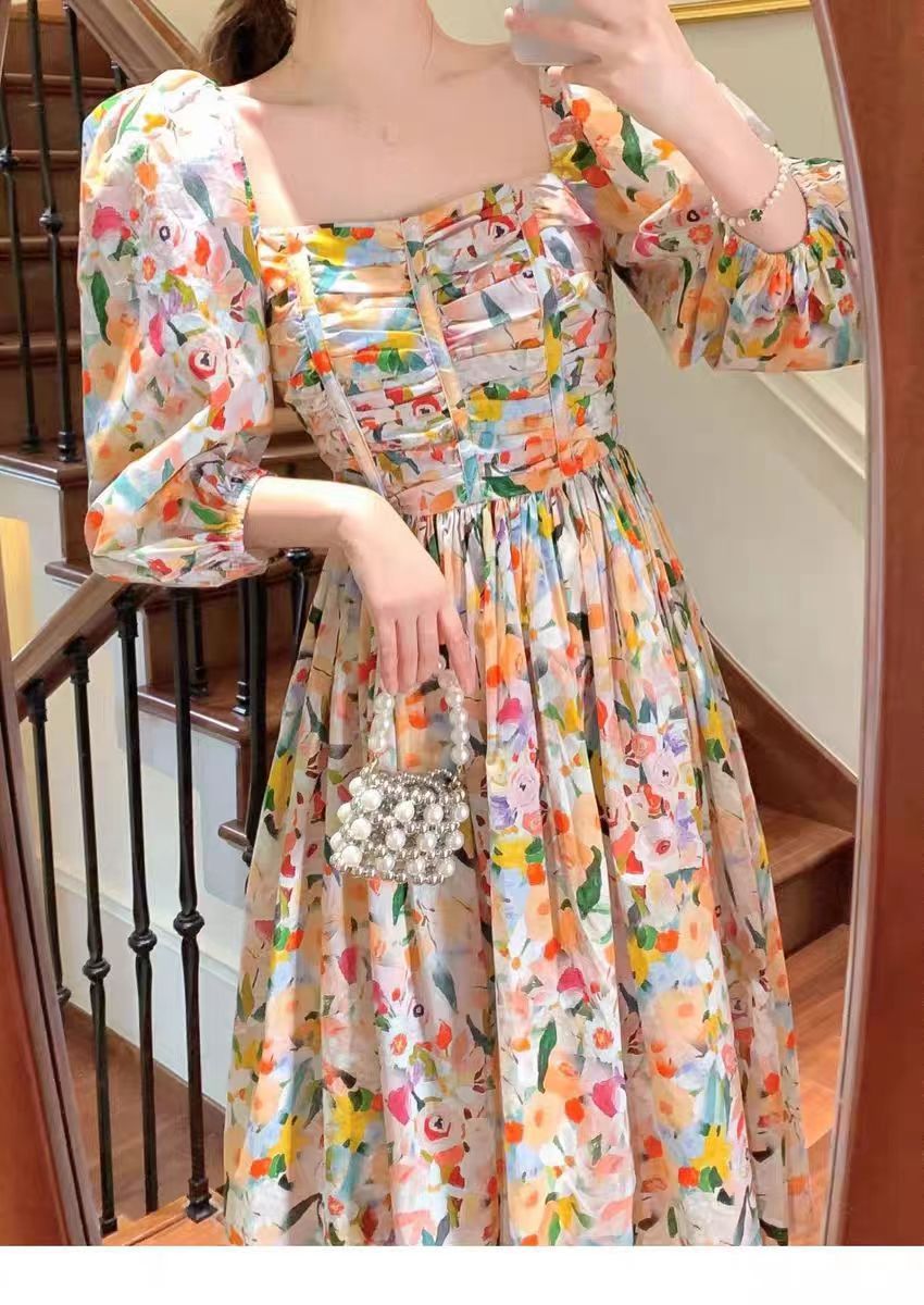 High-end Temperament Western Style Retro Chic Beautiful Candy Color Backless Floral Dress