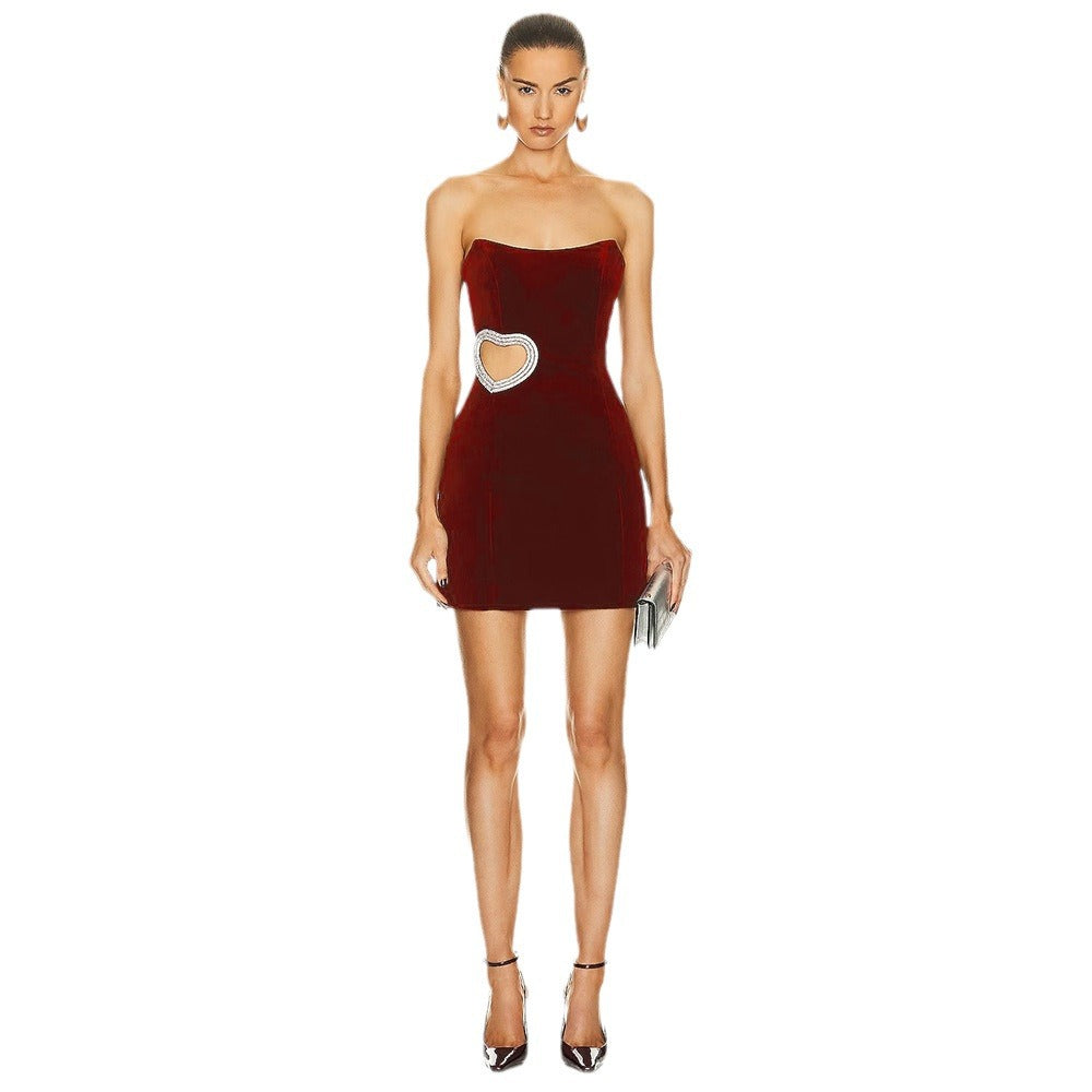 Women's Wine Red Hollowed Heart Shape Diamond Tube Top Dress