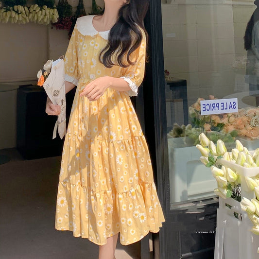 Long Skirt Small Girl Cute Yellow Floral Waist Dress