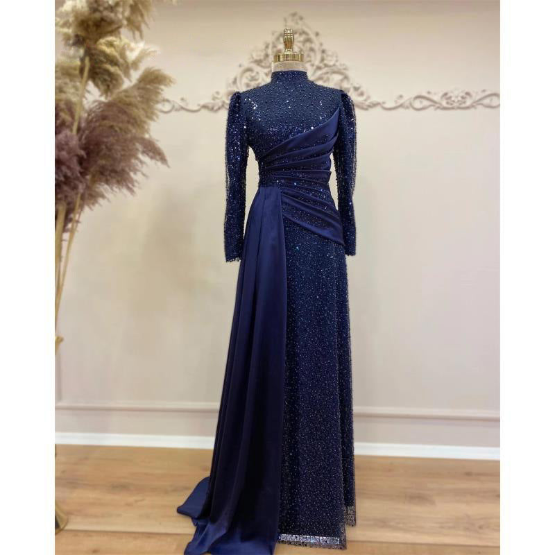 Hui Muslim Islamic Stand Collar All-inclusive Long Sleeve Sequin Lace Slimming Evening Dress