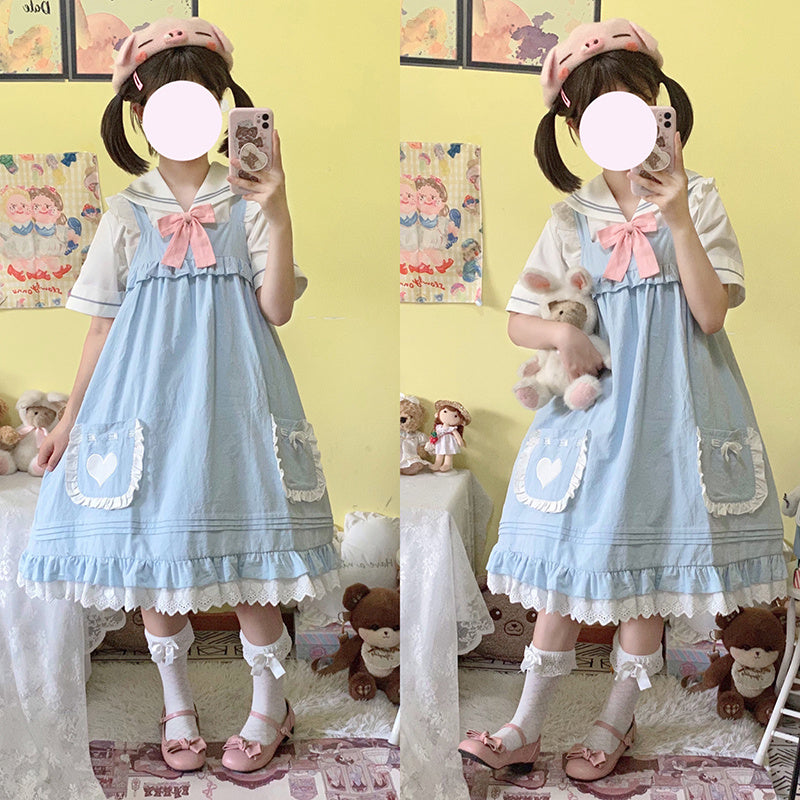 Vestido con vuelo grande de encaje Jsk dulce de Lolita ligera de color sólido de niña suave