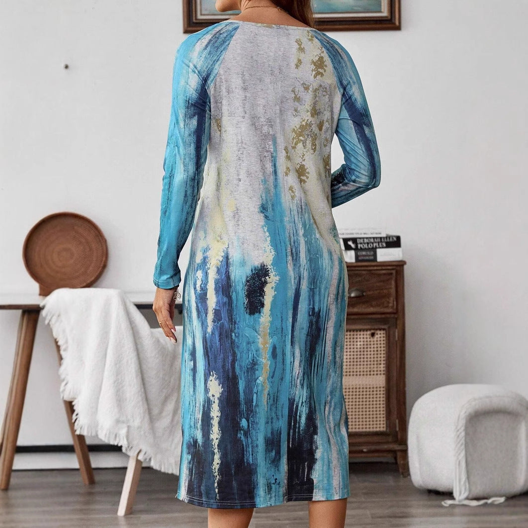 V-neck Printing Fashion Mid-length Dress Women