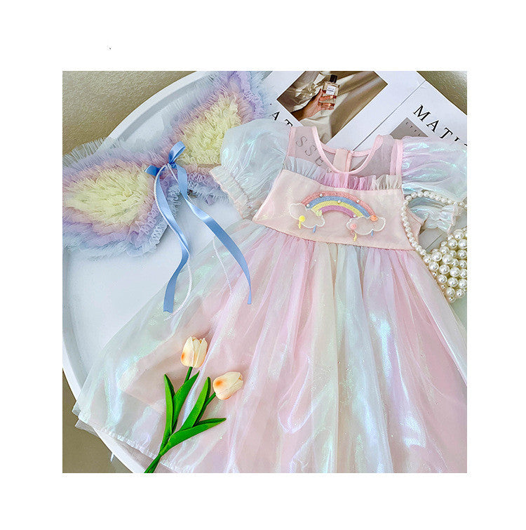 Robe d'anniversaire arc-en-ciel avec ailes pour enfants, jupe en gaze