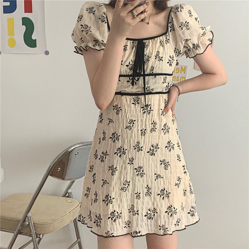 Waist Slimming Square Collar Floral Dress