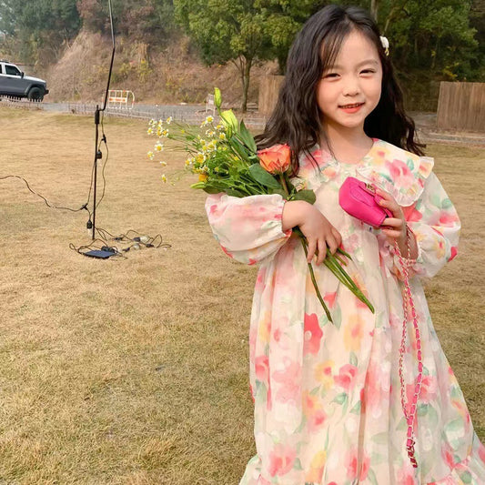 Robe à manches longues en mousseline de soie pour fille mignonne, motif floral