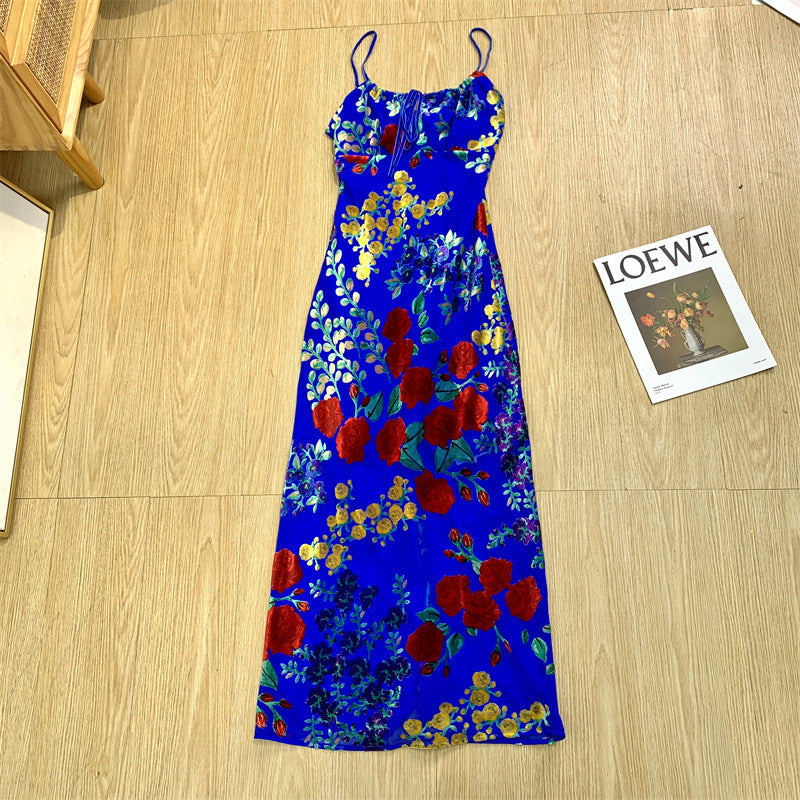 Women's Blue Velvet Burnt Flower Hollow Open Back Slim Slim Strap Dress