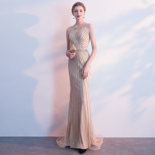 Champagne Goldfish Tail Banquet Evening Dress