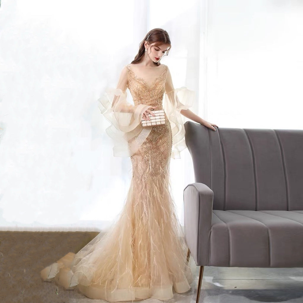 Golden Mermaid Evening Dress Ladies Banquet