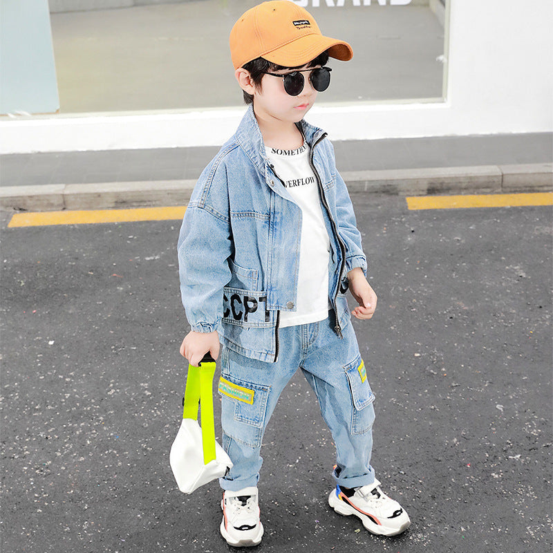 Children's Fashion Letters Denim Casual Suit