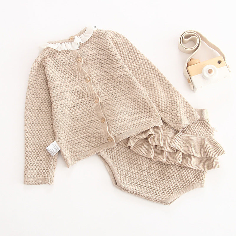 Baby Girl Baby Knitted Suit Embroidered Lotus Leaf Collar Top