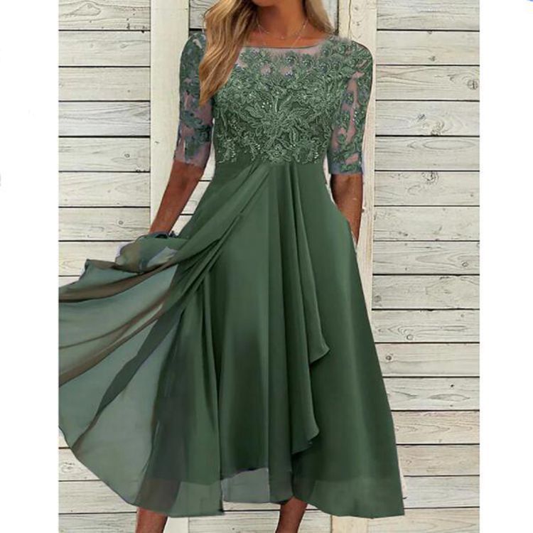 Chiffon Stitching Lace Hollow-out Dress Bridesmaid Evening Dress Women's Dress