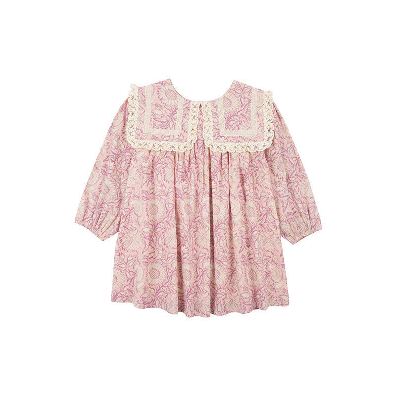 Robe d'été pour enfants, Style ethnique, vacances, motif Floral, revers, bord en dentelle