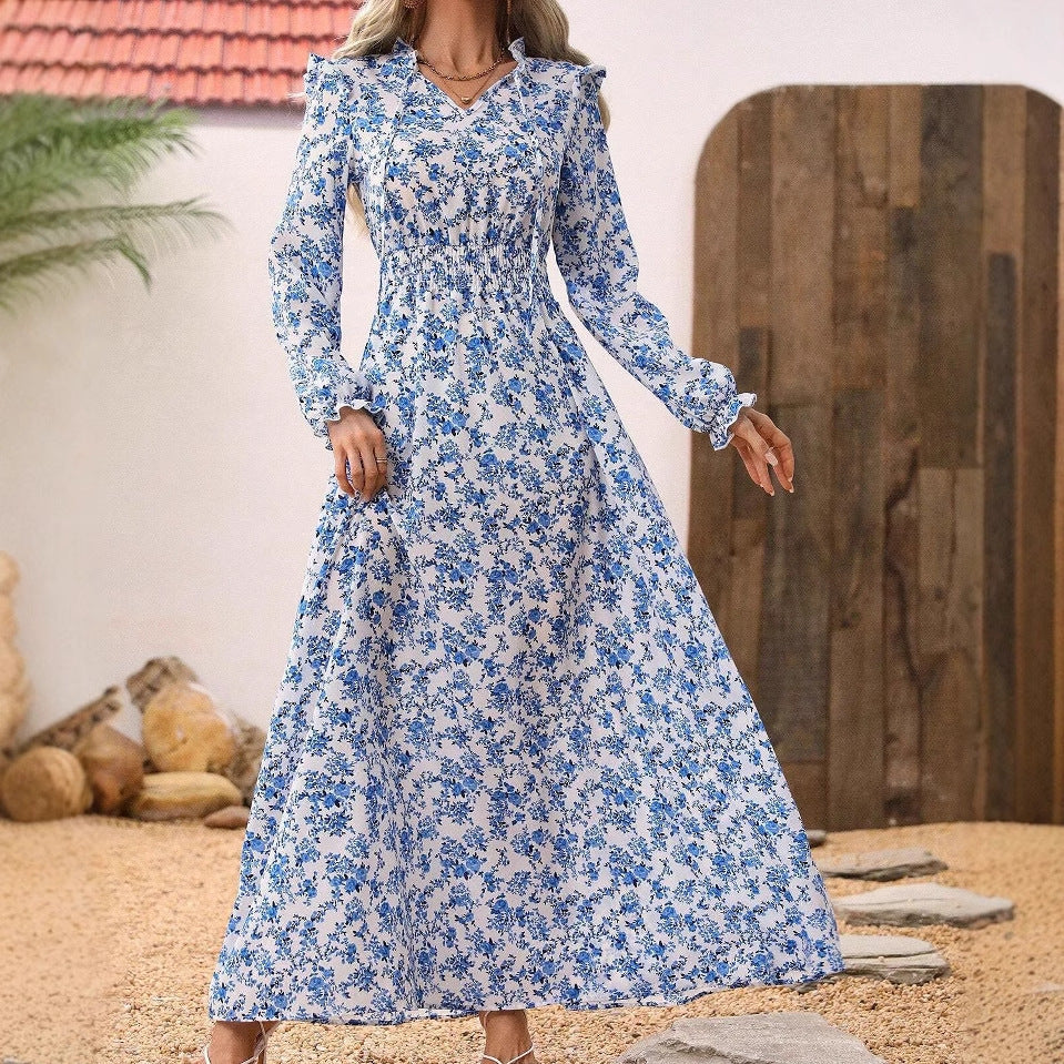 Spring And Autumn Long Sleeve Floral Dress