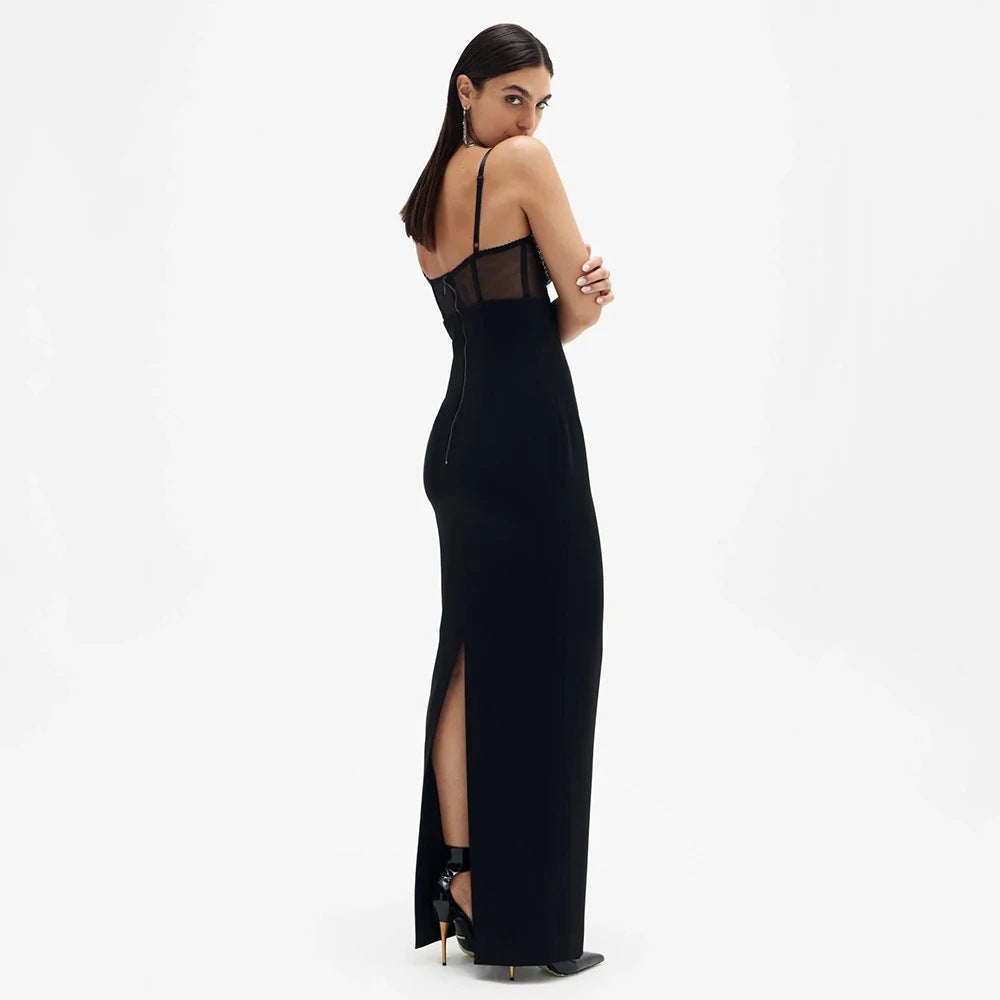 Long Non-back Hollow Diamond Knitted Sling Dress