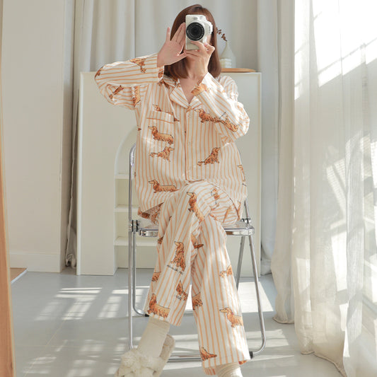 Dog Striped Long-sleeved Brushed Cotton Pajamas