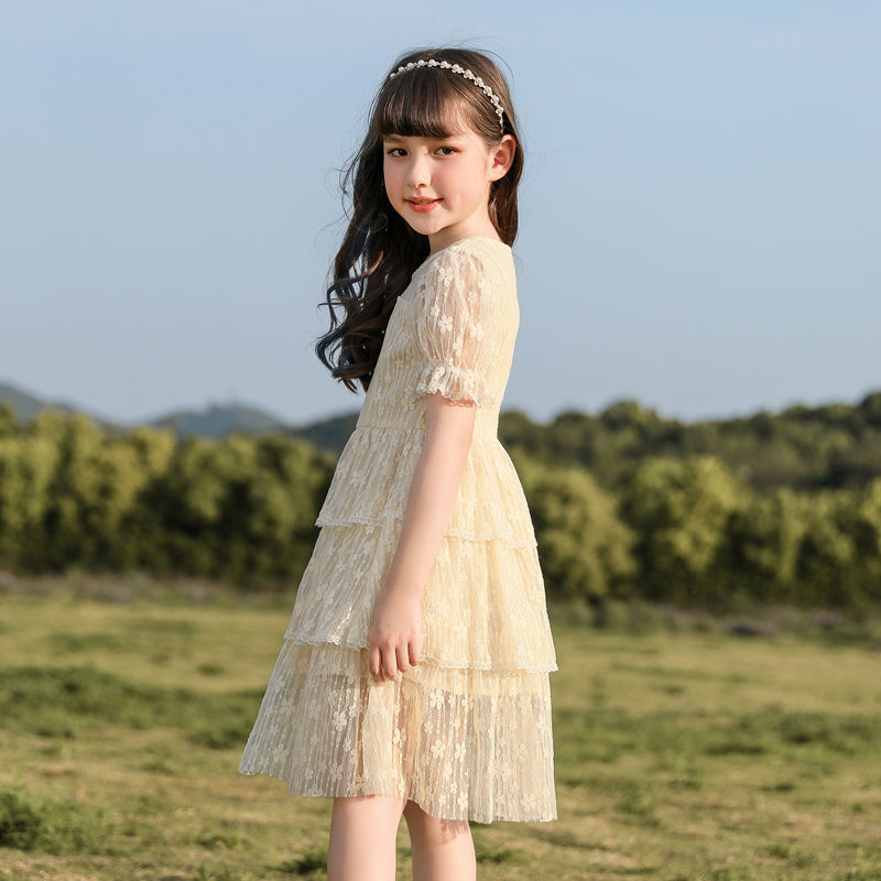 Girls' Simple Long Lace Cake Dress