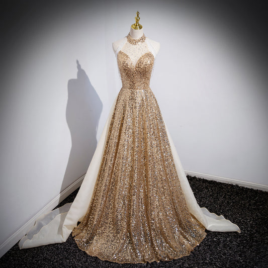 Robe de soirée dorée, robe de spectacle d'hôte féminin