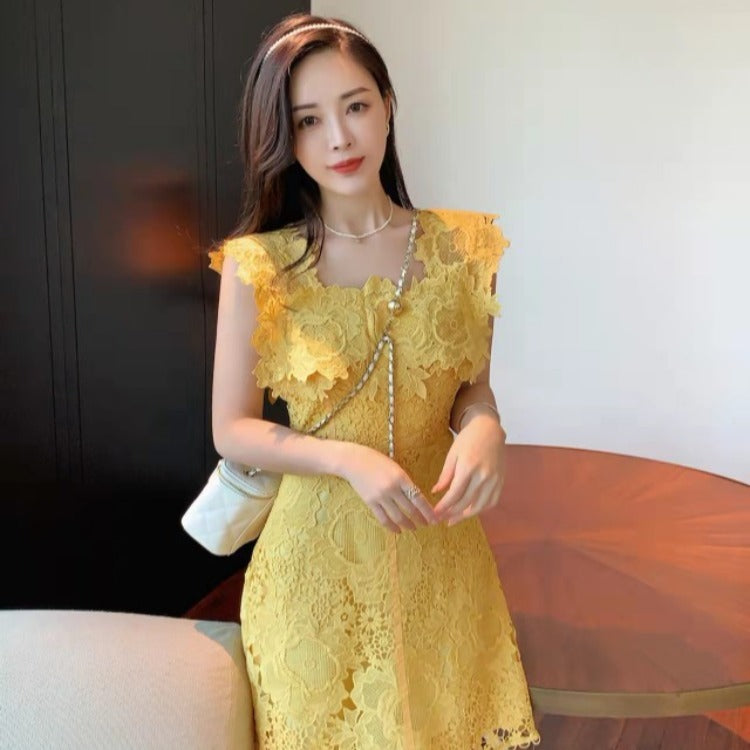 Large Flower Cut Elegant Waist A Line Daily Dress