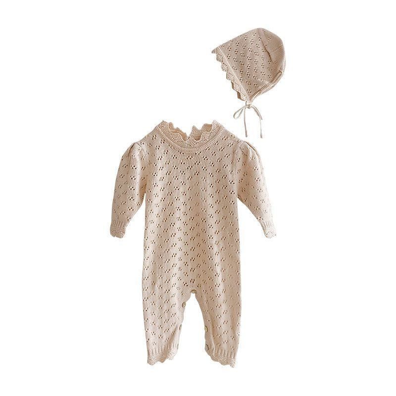 Knitted Hollow Jumpsuit Baby Girl Lace Long-sleeved Romper With Hat