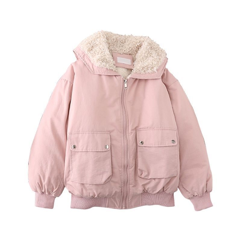 Cold Protective Clothing Warm Fleece Lined Candy Color Overalls Circle Fur Collar Lamb Student