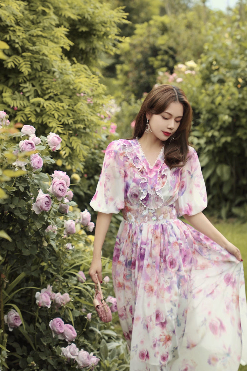 Robe d'été pour femmes, impression de perles, industrie lourde française, taille, col en V