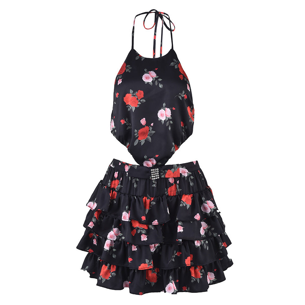 Robe florale à col suspendu à la mode pour femmes