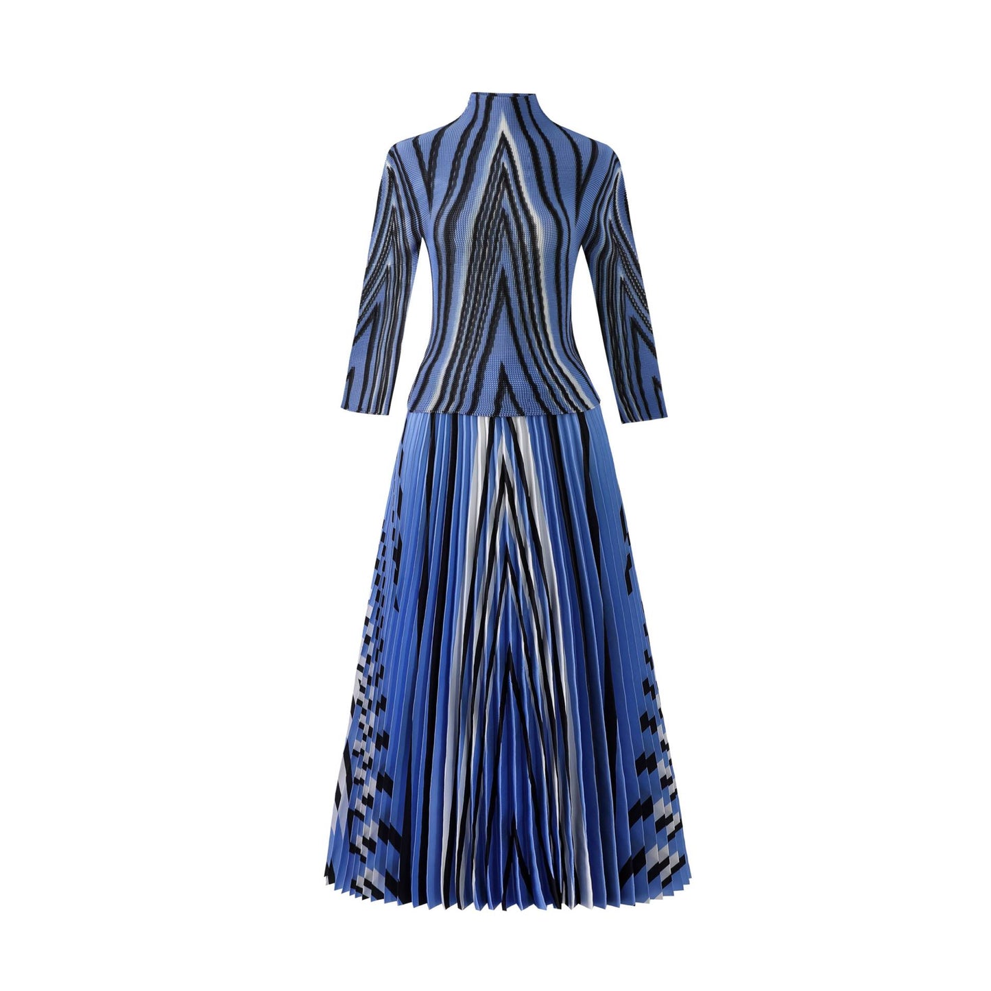 Autumn New Striped Printed Top Pleated Skirt Suit