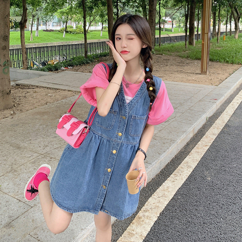 Thin V-Neck Cute Denim Strap Dress