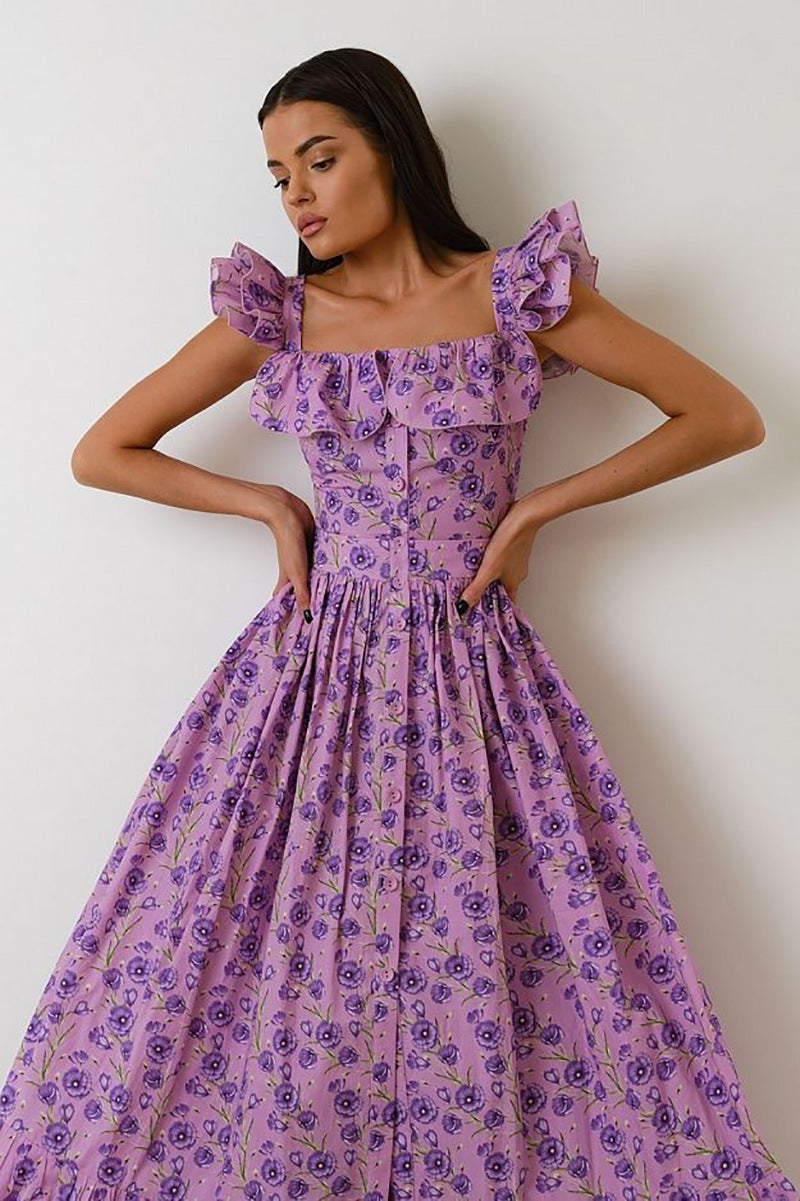 Robe florale française à col carré pour femmes