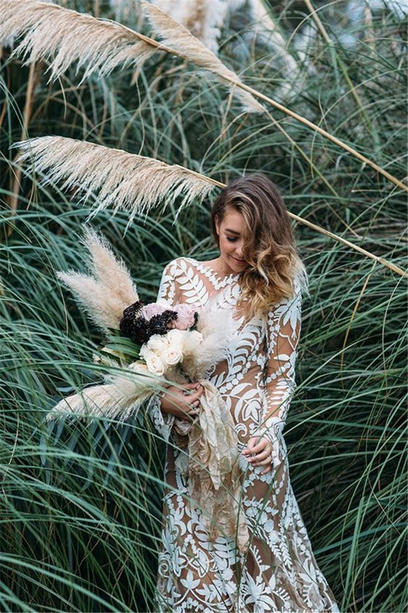 Robe de mariée queue de poisson à manches longues en dentelle