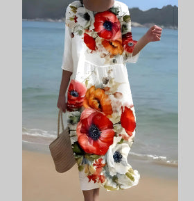 Women's Clothing Floral Printed Round Neck Dress