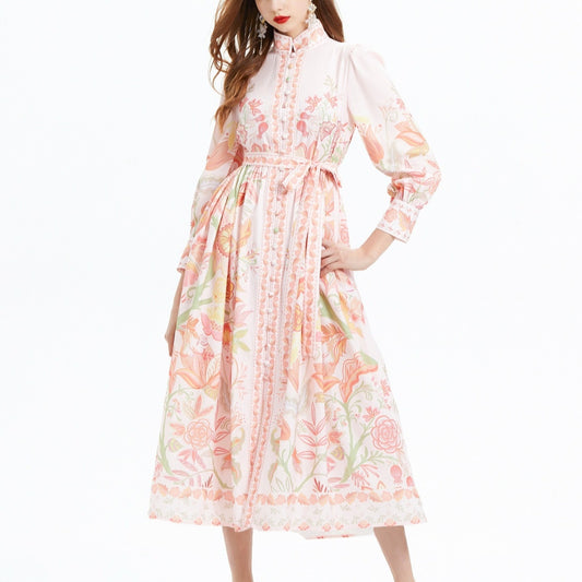 Lantern Sleeve Printed Long Sleeve Waist Trimming Ruffles Dress