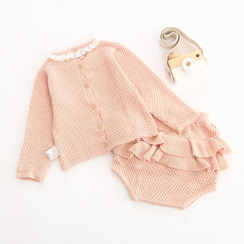 Baby Girl Baby Knitted Suit Embroidered Lotus Leaf Collar Top