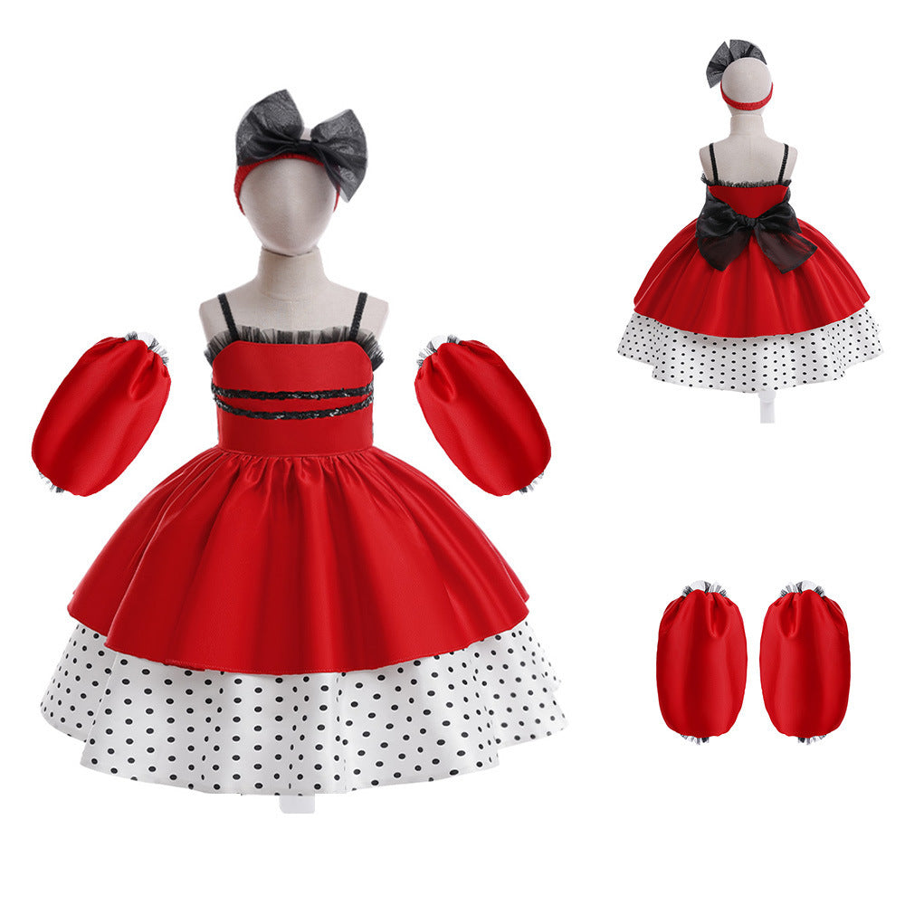 Costumes de robe à pois à coutures rouges pour filles