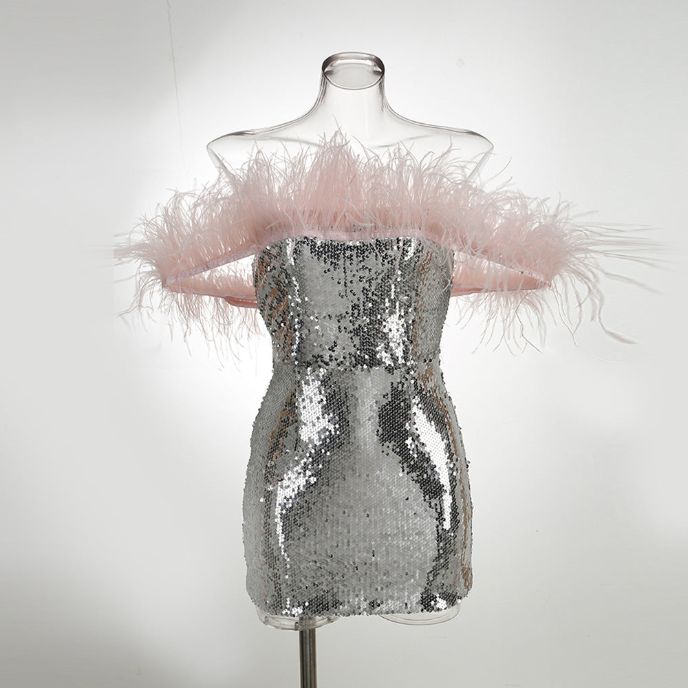 Robe bustier tubulaire sexy à épaules dénudées et coutures de plumes, européenne et américaine