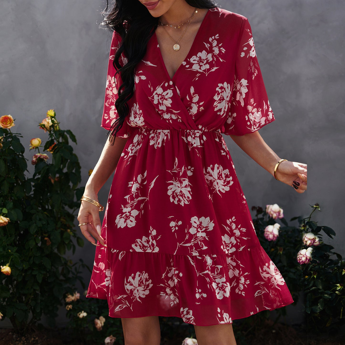 V-neck Ruffled Floral Chiffon Dress