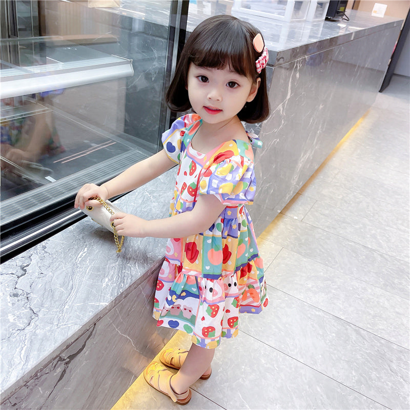 Children's Chiffon Cute Rabbit Graffiti Puff Sleeve Dress