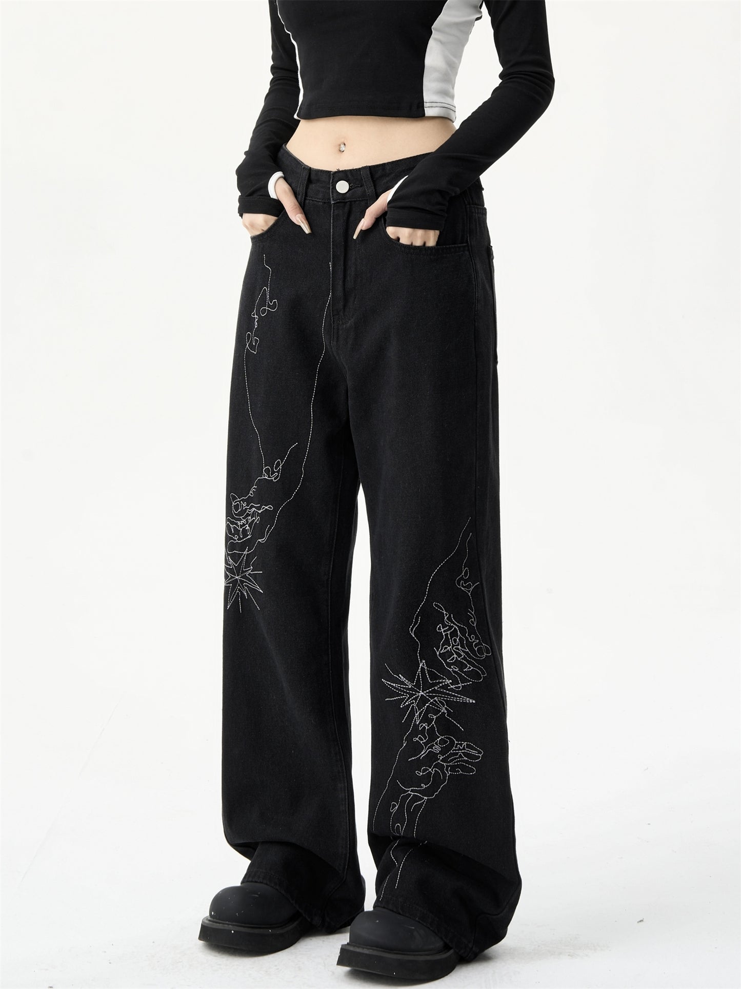 Women's Loose Hand-painted Embroidered Straight Jeans