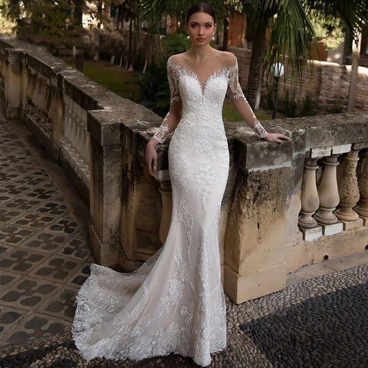 Vestido de noche con cola palaciega de encaje para mujer