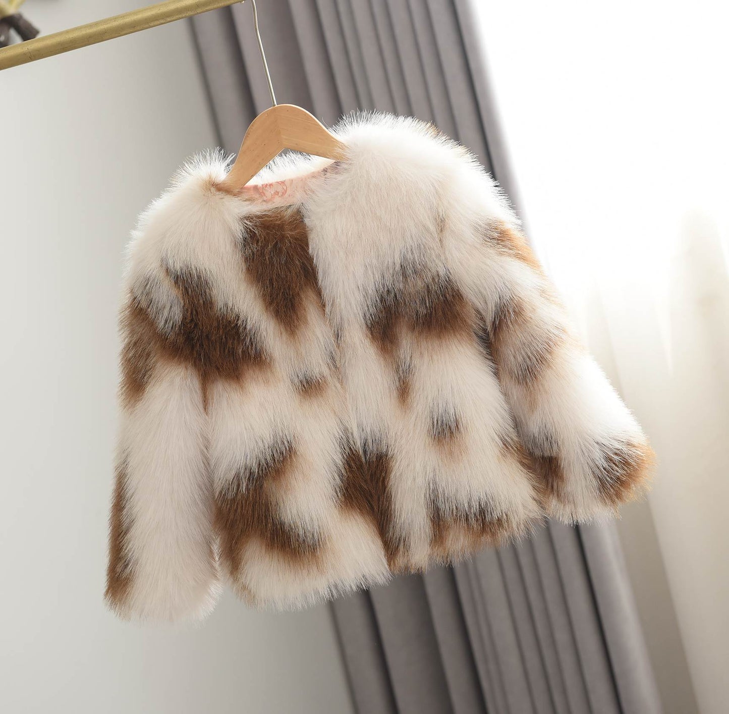 Girls' Woven Paint Contrast Fur Coat