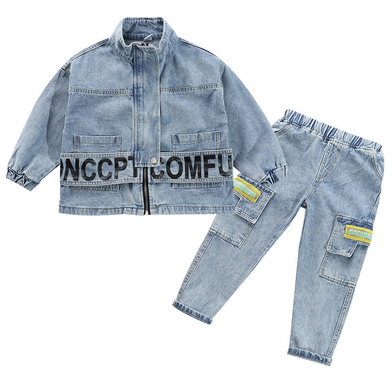 Children's Fashion Letters Denim Casual Suit